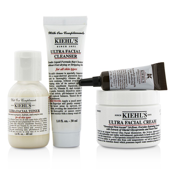 Набор для глубокой гидратации Kiehl's Ultra Facial: увлажняющий крем 50 мл, тоник 40 мл, очищающее средство 30 мл, концентрат 5 мл в комплекте с сумкой