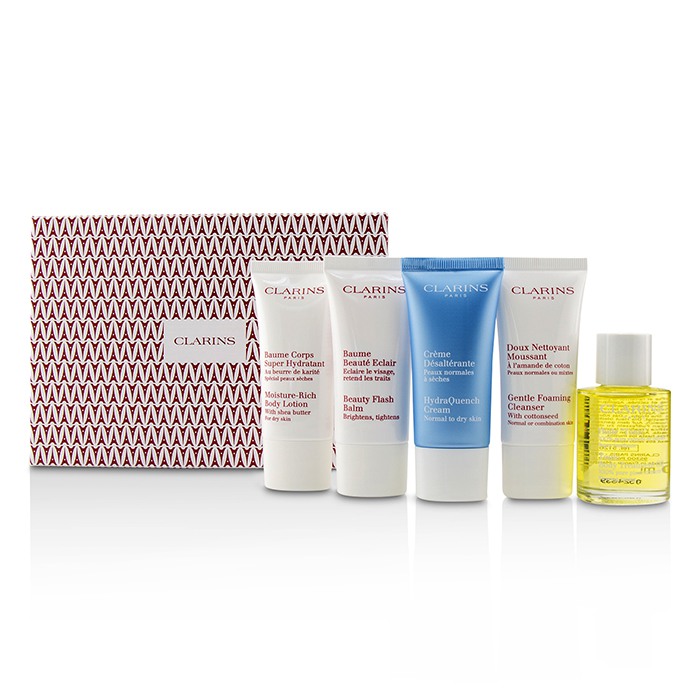 Набор для ухода за кожей Clarins (5 шт): очищающее средство, увлажняющий крем, бальзам, тонизирующее масло, лосьон с маслом ши