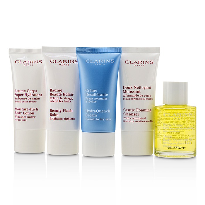 Набор для ухода за кожей Clarins (5 шт): очищающее средство, увлажняющий крем, бальзам, тонизирующее масло, лосьон с маслом ши