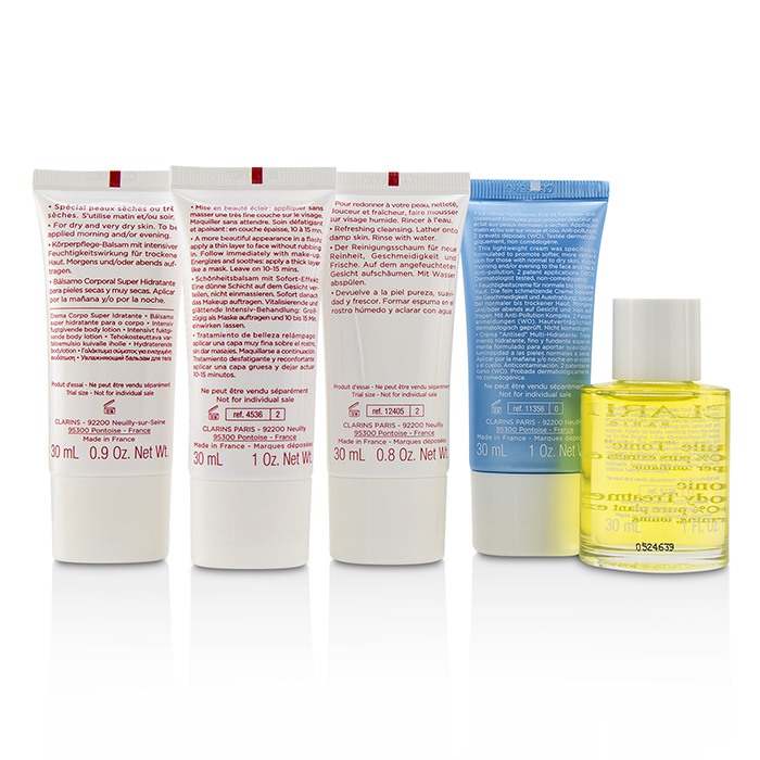 Набор для ухода за кожей Clarins (5 шт): очищающее средство, увлажняющий крем, бальзам, тонизирующее масло, лосьон с маслом ши