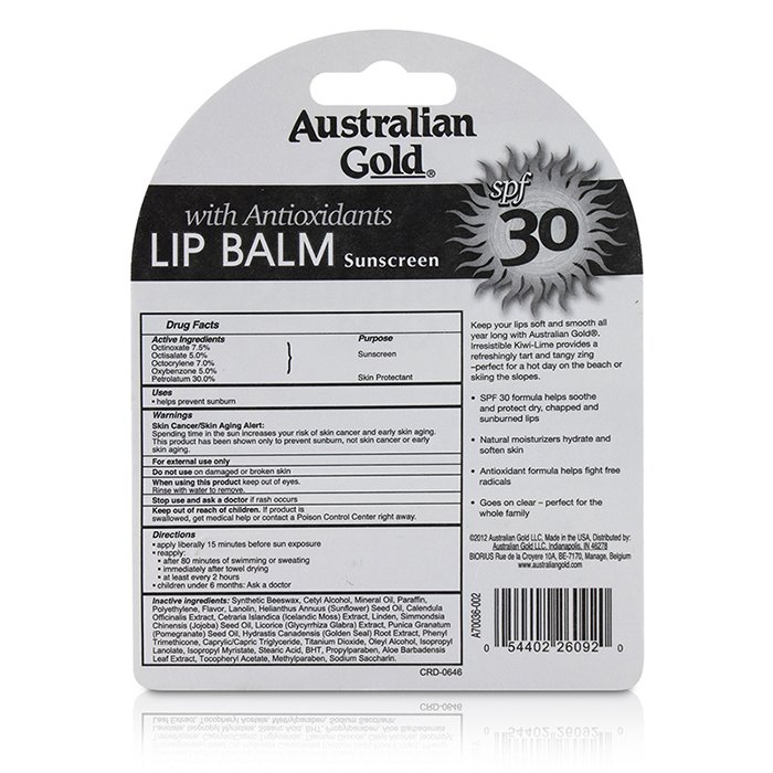 Бальзам для губ Australian Gold с защитой SPF 30, 4.2 г, увлажняет и питает губы, аромат киви и лайма