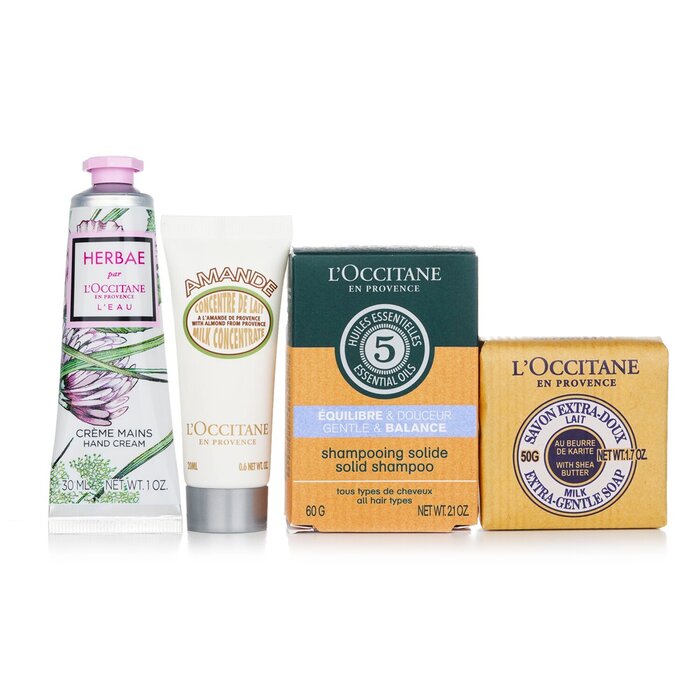 Подарочный набор для ухода за телом L'Occitane: крем, шампунь, мыло, концентрат, 4 шт. + сумка