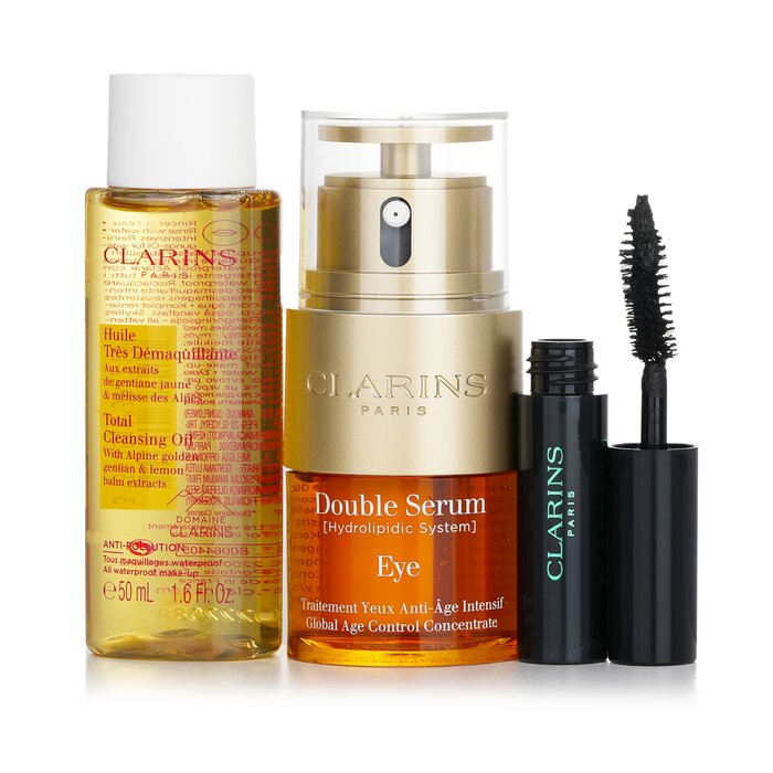 Подарочный набор для глаз Clarins Double Serum Eye Collection: сыворотка 20 мл, очищающее масло 50 мл, тушь 3 мл + сумочка