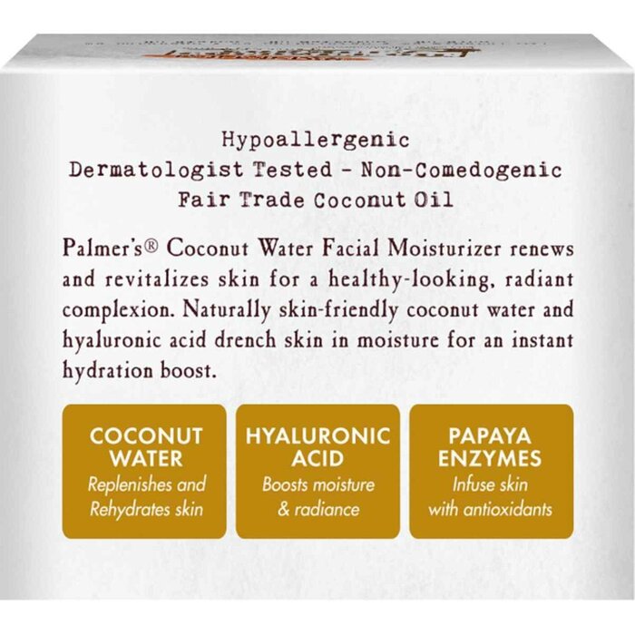 Brand: PalmersOld Name: Coconut Water Facial Moisturizer 50g 50gSize: 50gDescription: Увлажнитель, разработанный брендом Palmers, предлагает своим пользователям уникальную формулу, основанную на экстра-вирджин кокосовой воде и гиалуроновой кислоте. Этот л