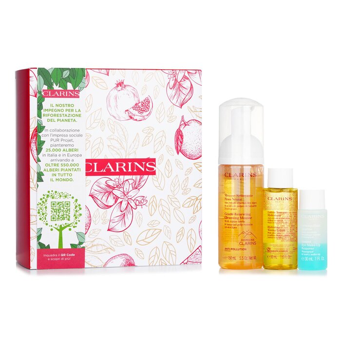 Комплект для очищения лица Clarins: очищающая mousse 150 мл, увлажняющий тонер 50 мл, средство для снятия макияжа 30 мл