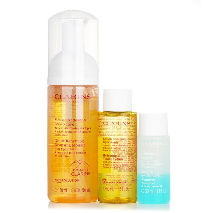Комплект для очищения лица Clarins: очищающая mousse 150 мл, увлажняющий тонер 50 мл, средство для снятия макияжа 30 мл