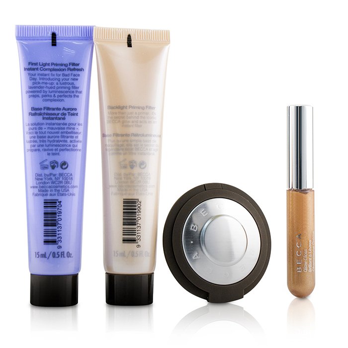 Набор для сияющего макияжа Becca Glow Essentials Kit 4 шт. — праймеры, пудра и блеск для губ