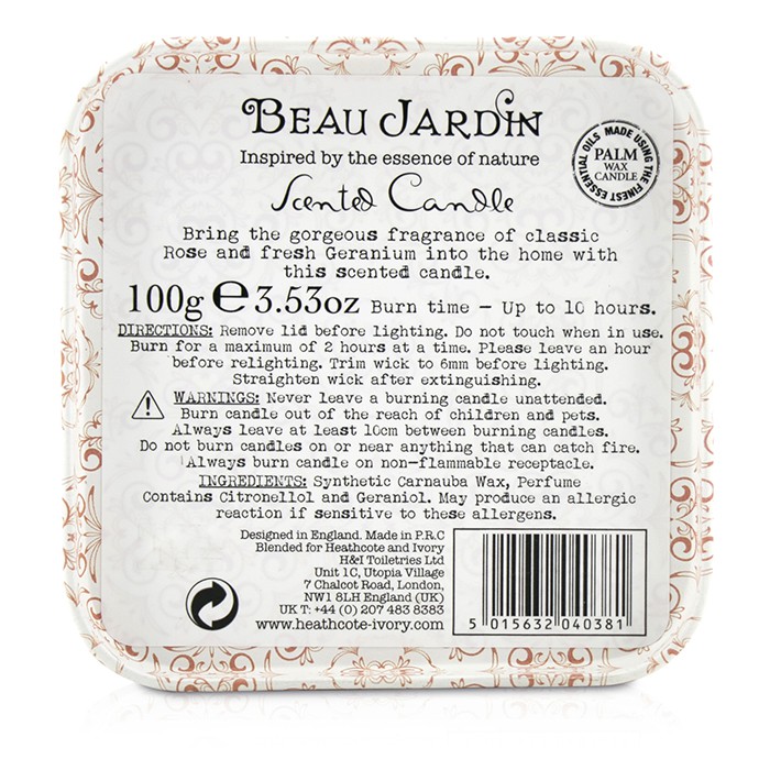 Ароматическая свеча Healthcote & Ivory «Бью Жардин» с розой и гераниумом, 100 г