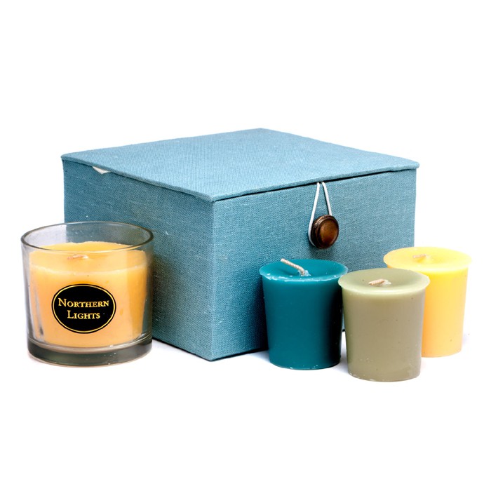 Набор ароматических свечей Northern Lights Candles 4 шт: имбирный чай с медом, лайм и базилик, океанский бриз.