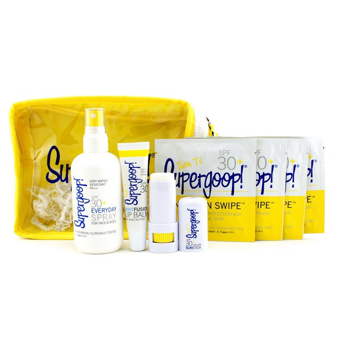 Weekend Away SPF Essentials Set: Spray + Lip Balm + Sunstick + 4x Sunscreen Swipes + Bag