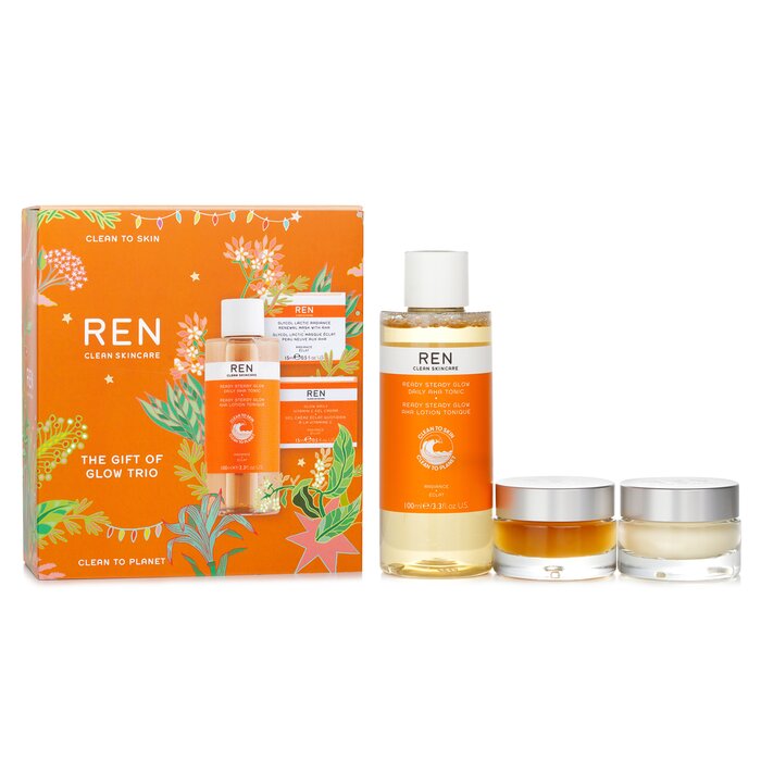 Набор для сияющей кожи REN Glow Trio (3 шт): очищающее средство, суперувлажняющий крем, восстанавливающая сыворотка.