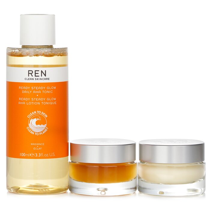 Набор для сияющей кожи REN Glow Trio (3 шт): очищающее средство, суперувлажняющий крем, восстанавливающая сыворотка.